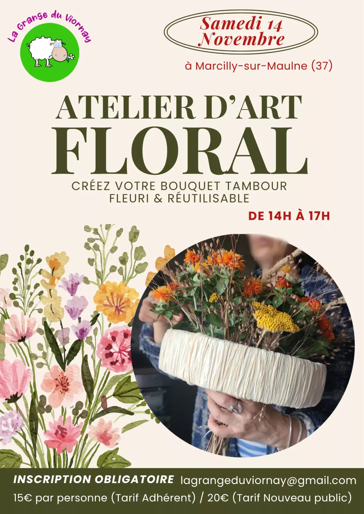 Affiche d'un atelier de création florale zéro déchet 37 indre et lire