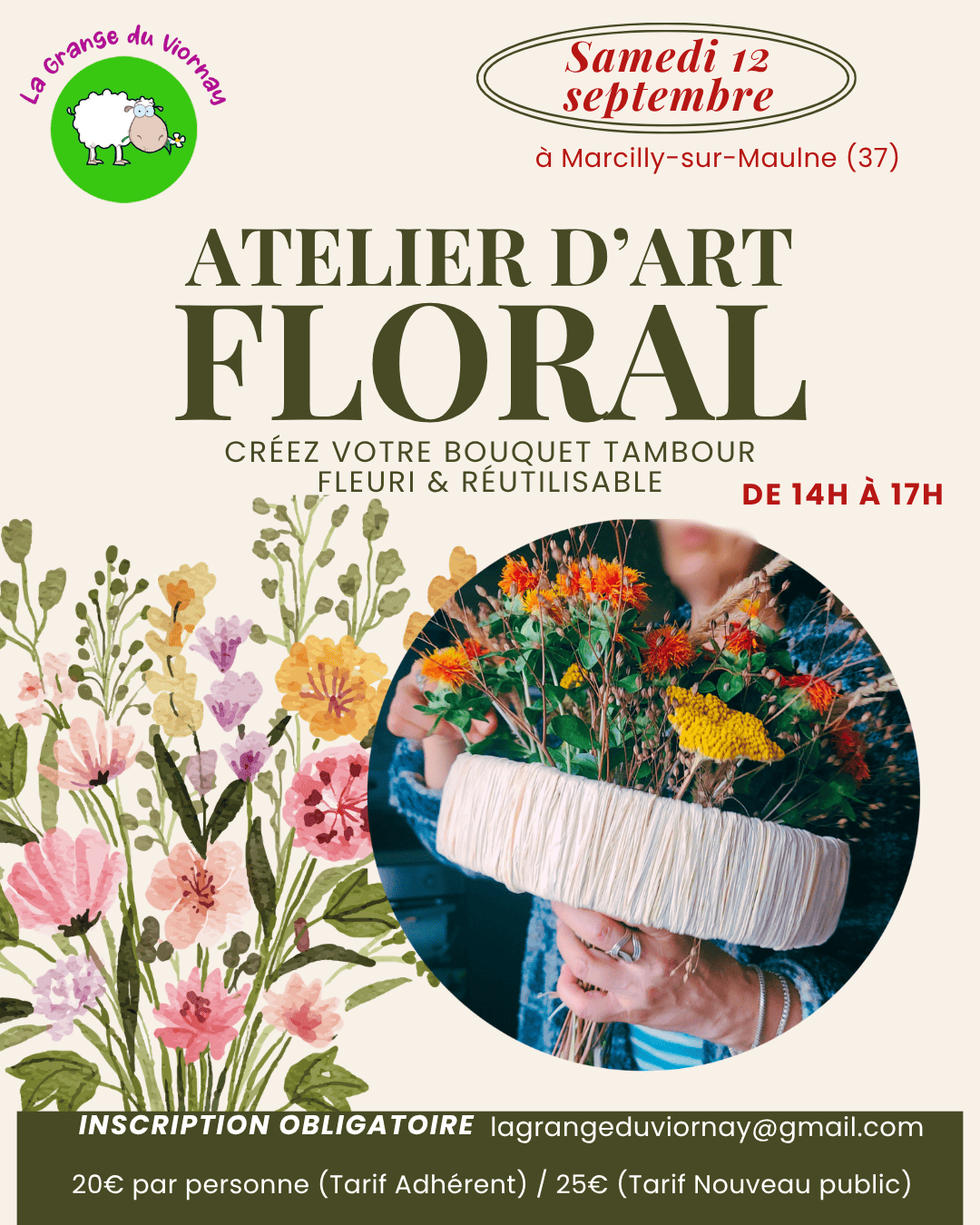 Affiche d'un atelier de création florale zéro déchet 37 indre et lire